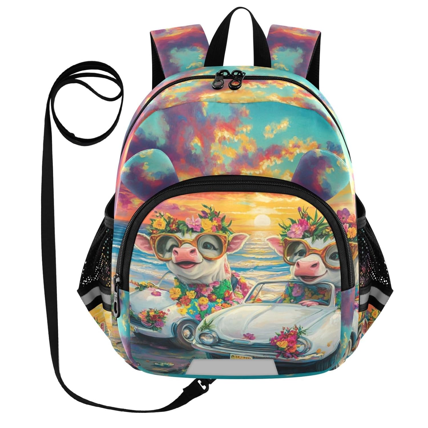 Floral Cow Car Sunset Toddler Harness Backpack for Boys Girls 3-6 Years Kids Backpack with Anti Lost Safety Leash Baby Travel Bag for Preschool Walking Travel