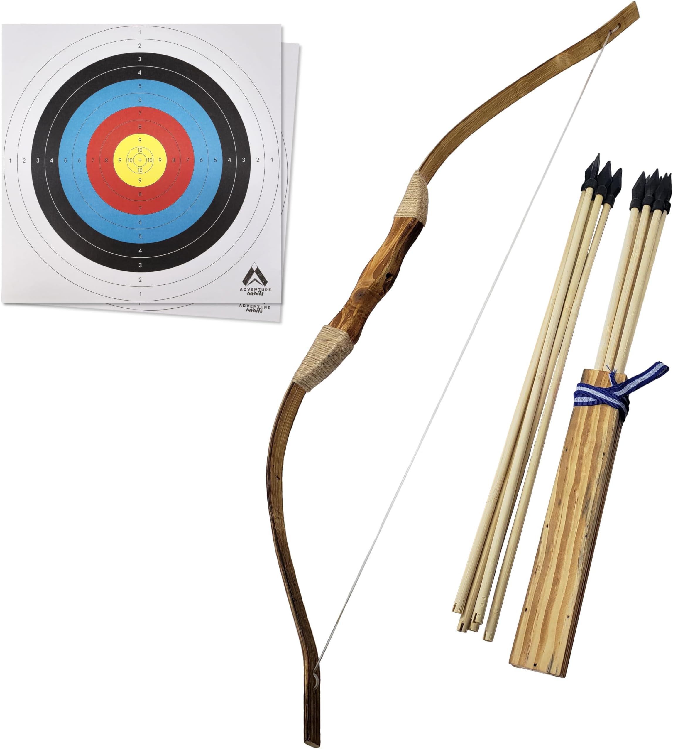 Adventure Awaits! Handmade Wooden Bow and Arrow Set | 10 Wood Arrows and Quiver | for Outdoor Play