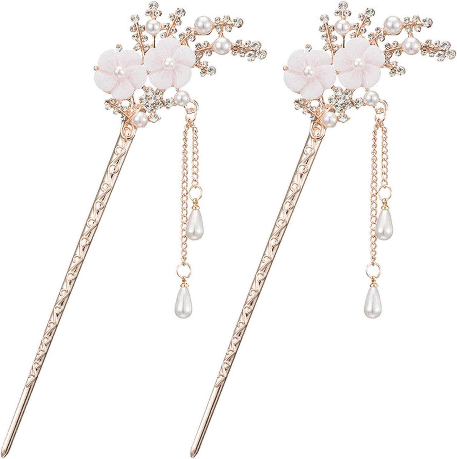 HANJIAONI 2 Pcs Rhinestone Pearl Flower Hair Stick Chinese Chopsticks Vintage Tassel Pin Chignon Styling Accessories for Women (White)