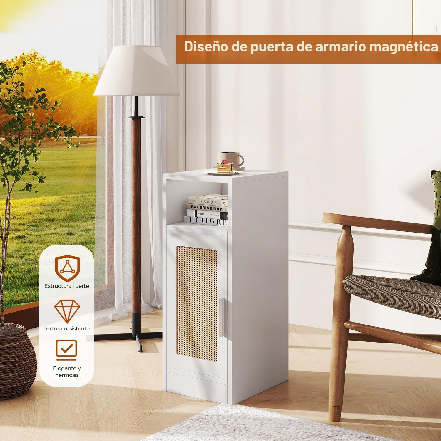 IBUYKE Mesitas de Noche Estrechas Pack 2,de Ratán,Blanco WNS012W-2 | con Compartimentos Abiertos y Armario,Puerta magnética,para Espacios Pequeños, Mesa Auxiliar para Dormitorio,Salón