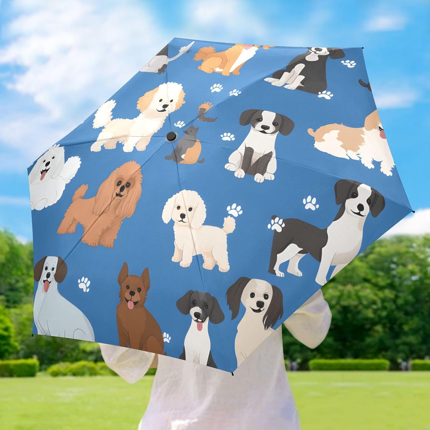 5 Fold Travel Umbrella for Rain Sun & UV Protection, Dog Puppy Patterns Windproof 6 Ribs UPF 50+ Compact Lightweight Folding Umbrella for Adults & Kids