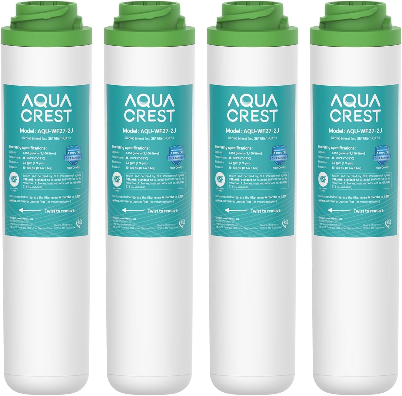 AQUA CREST FQK2J Under Sink Water Filter, Replacement for GE FQK2J, FQK1K, NSF/ANSI 42 372 Certified, 1350 Gallons Dual Flow Drinking Water Replacement Filters (4 Count)