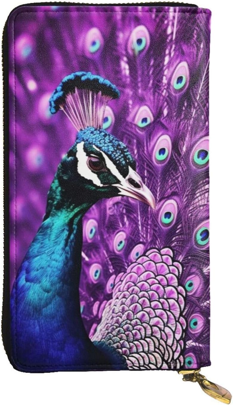 Purple Peacock Wallet For Women Men Clutch Rfid Blocking Leather Wallets Large Capacity Purse Credit Card Holder Money Case With Zipper Phone Holder Long Travel Purse
