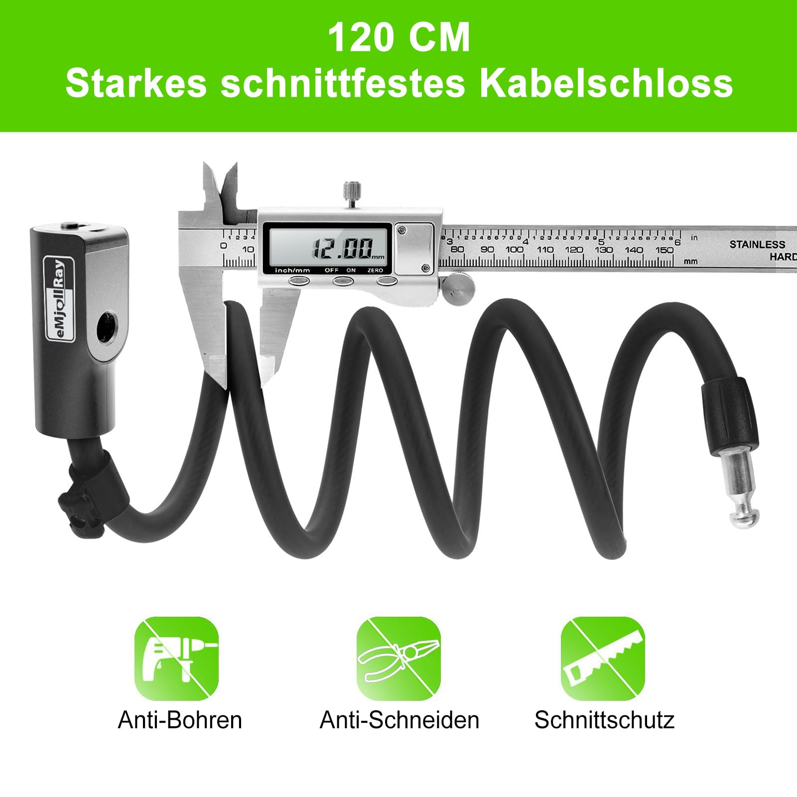 E Scooter Schloss, eMjollRay Fahrradschloss mit 2 Schlüssel, Sicherheitsstufe Sehr Hoch Kabelschloss, Anti-Diebstahl Schloss für E Scooter/E Roller/Motorrad/Kinder Fahrrad/Tür