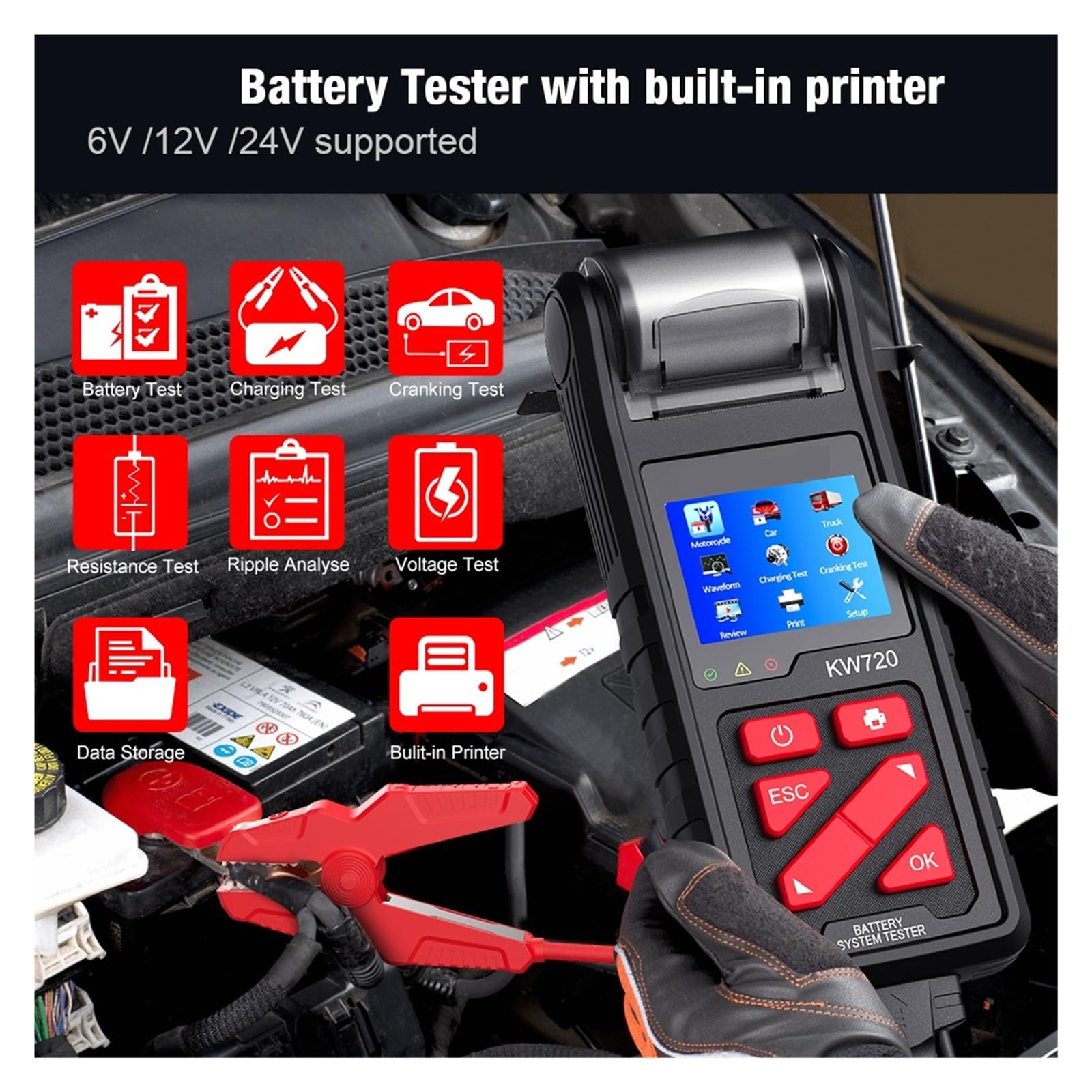 Tester Batteria Auto Analizzatore Tester Batteria 6V 12V 24V Strumento di Test di Avviamento di Ricarica for Camion for Auto Moto con Stampante Integrata Estrema precisione e Sicurezza