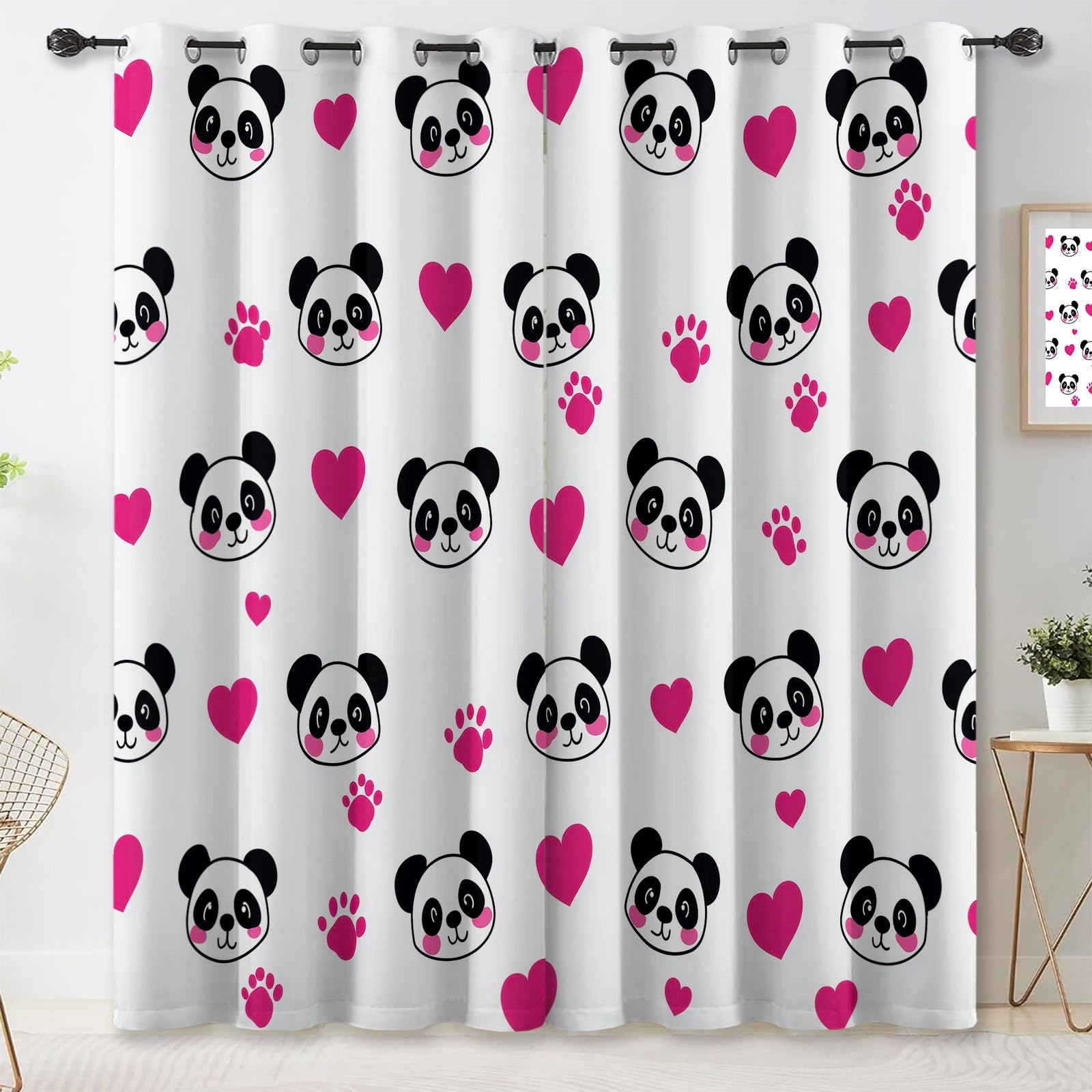 Generisch Cartoon Tier Verdunkelungsvorhänge mit Ösen, Panda Herz Pfotenabdruck Bedruckte Weiß Waschbarer Vorhänge, Privatsphäre Schützende Vorhang für Schlafzimmer Wohnzimmer, H215 x B110 cm