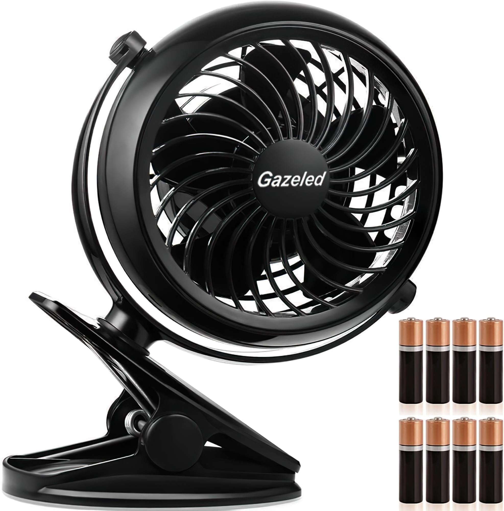 Gazeled Clip on Fan Battery Operated, 360° Rotation, with 8 Free AA Batteries, Quiet USB or Battery Operated Fan, 5'' Portable Battery Powered Clip on Fans for Camping, Stroller, Bedroom, Outdoor