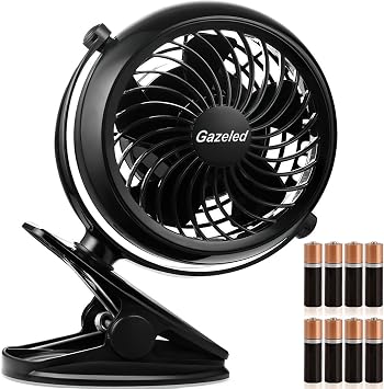 Gazeled Clip on Fan Battery Operated, 360 Rotation, with 8 Free AA Batteries, Quiet USB or Battery Operated Fan, 5 Portable Battery Powered Clip on Fans for Camping, Stroller, Bedroom, Outdoor