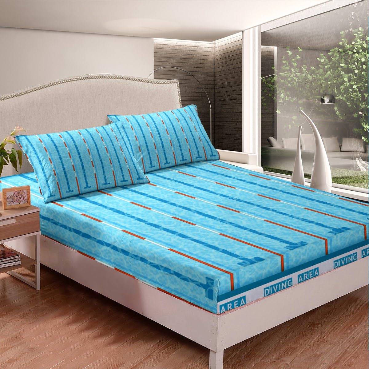 Set di biancheria da letto per bambini, per bambini, per letto singolo, stile moderno, alla moda, per ragazzi e adulti, decorazione per la camera da letto, piscina, chic, blu, 3 pezzi (angoli + piatto