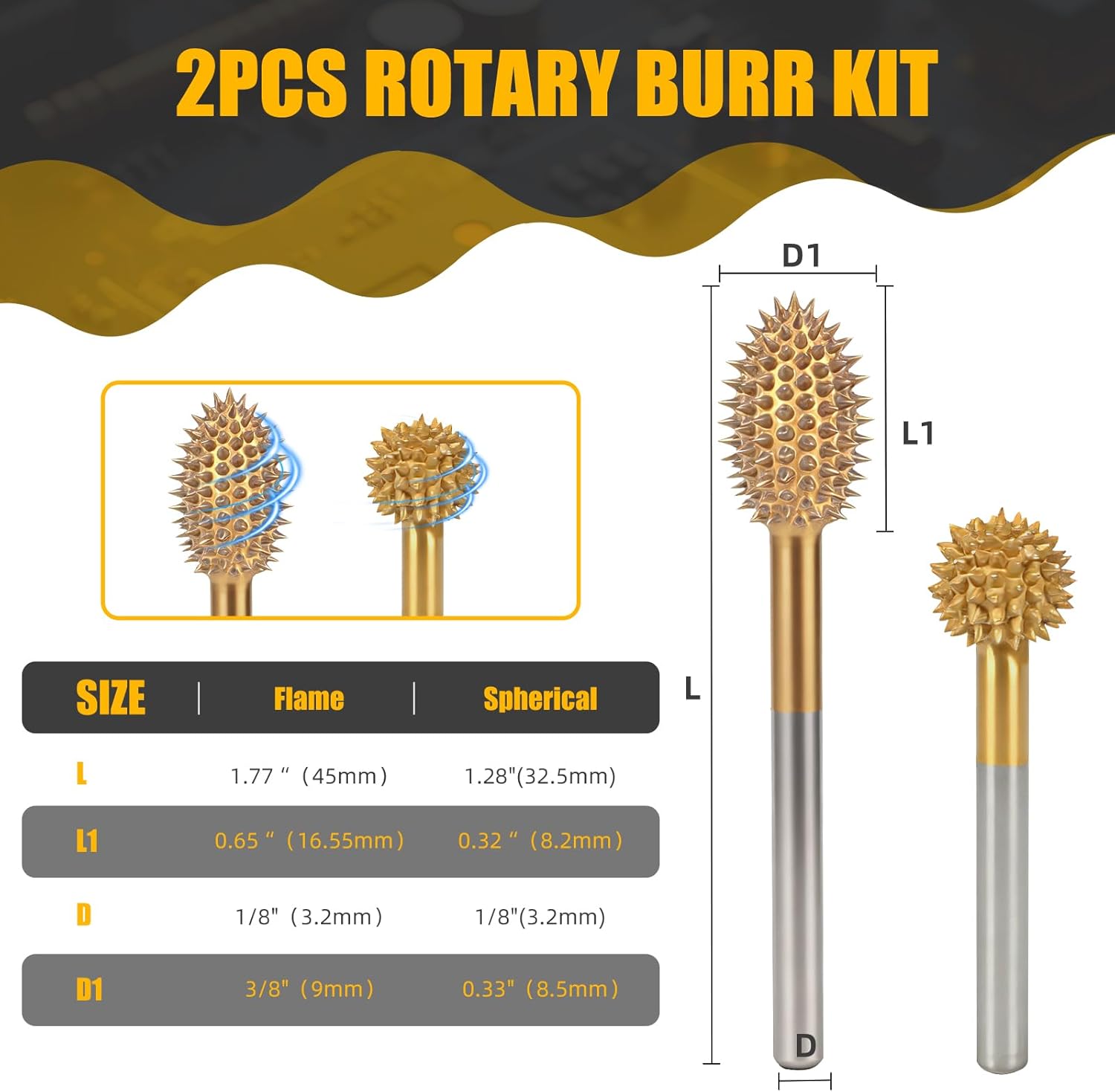 CAELUM 2 Pcs Rotary Burr Kit, 1/8" Shaft, Very Coarse - Woodworking Attachment for Dremel Tools, Sphere Small Taper Carving Burrs for Carving Engraving in Wood, Rubber, Plastic