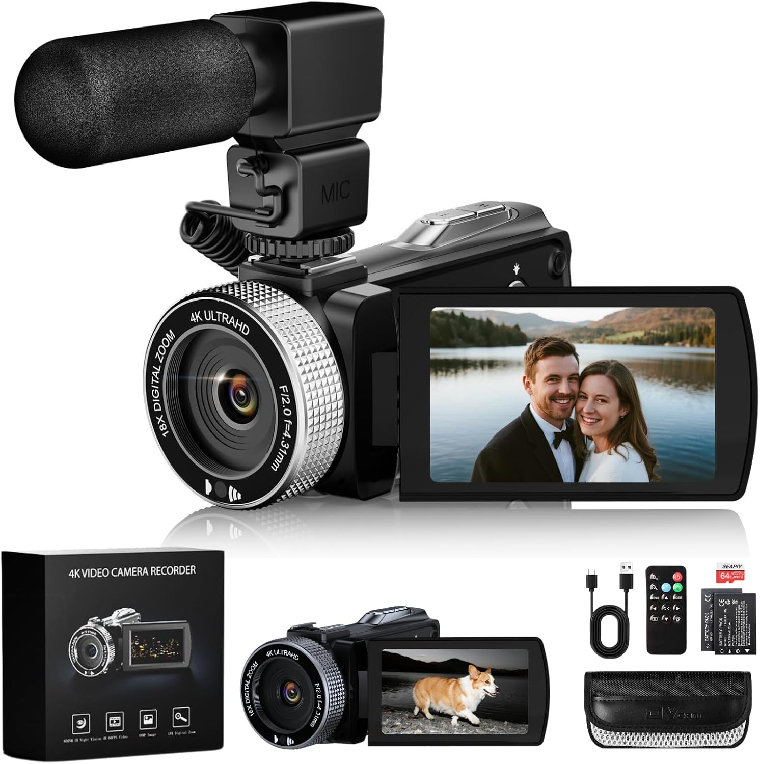 4K 48MP Video Camera Camcorder with IR Night Vision, 3.0” Flip Touchscreen Vlogging Camera for YouTube, 18X Digital Zoom, 2 Batteries & External Mic, 64GB Card & Remote Control
