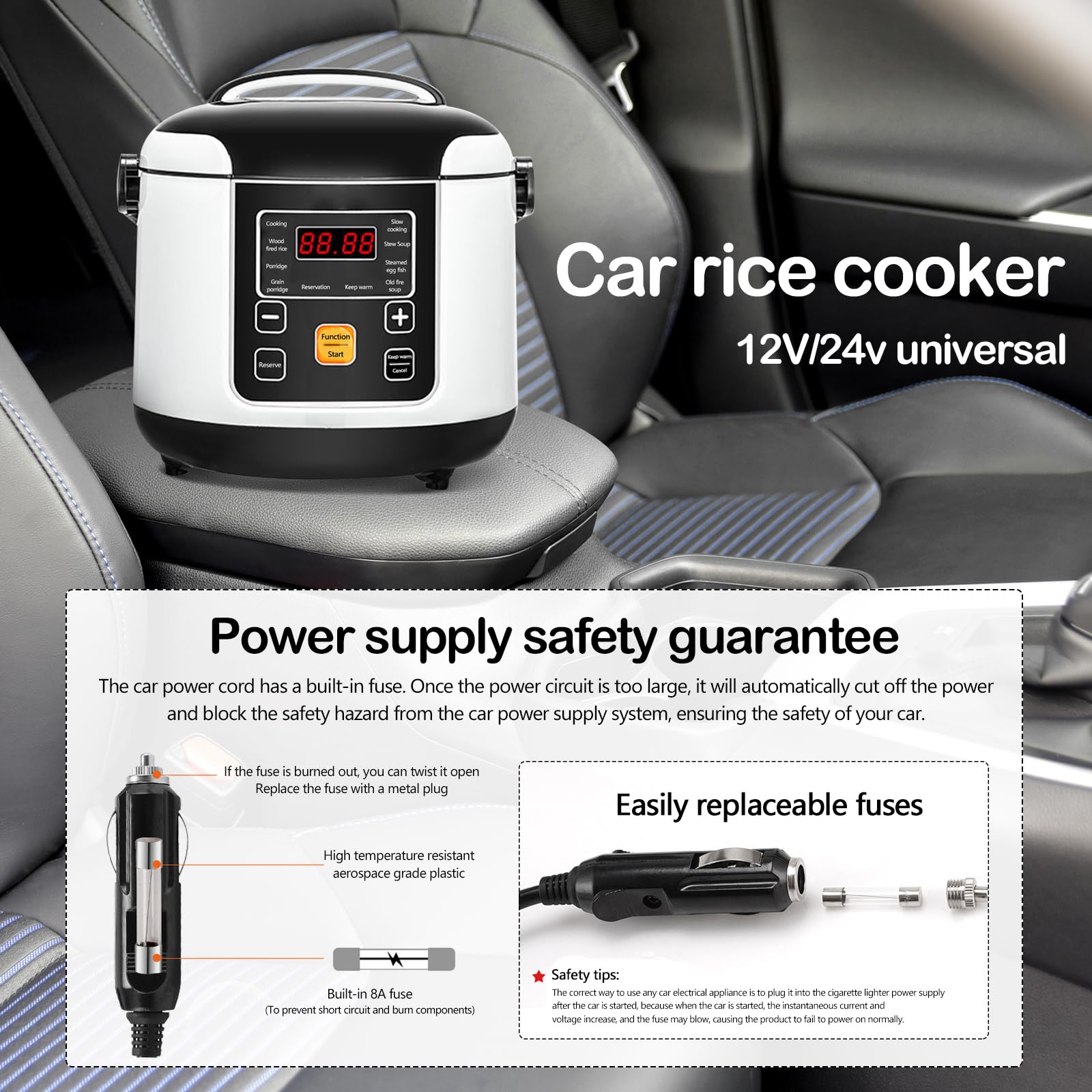 Cuociriso Per Auto, 200w 12v/24v Piccolo Cuociriso Portatile Funzione Di Prenotazione 24 Ore Funzione Di Mantenimento In Caldo Per Cucinare Zuppa Di Riso E Porridge Capacità 2l