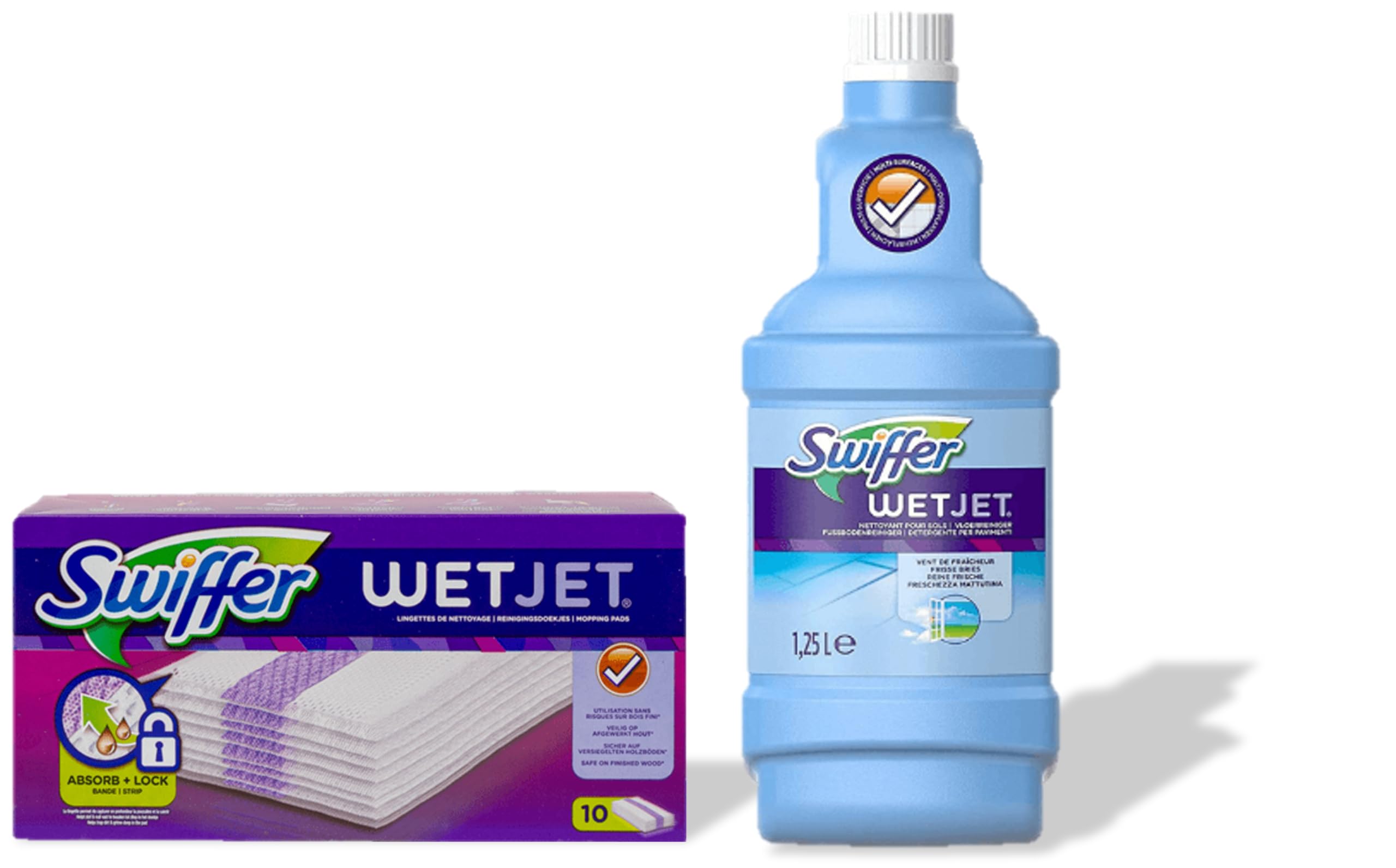 Swiffer Wetjet - Set di spazzole a spruzzo, 1 ricarica da 1,25 l WetJet e 10 salviette, trattiene polvere e sporco, progettato per tutti i tipi di pavimenti (1)