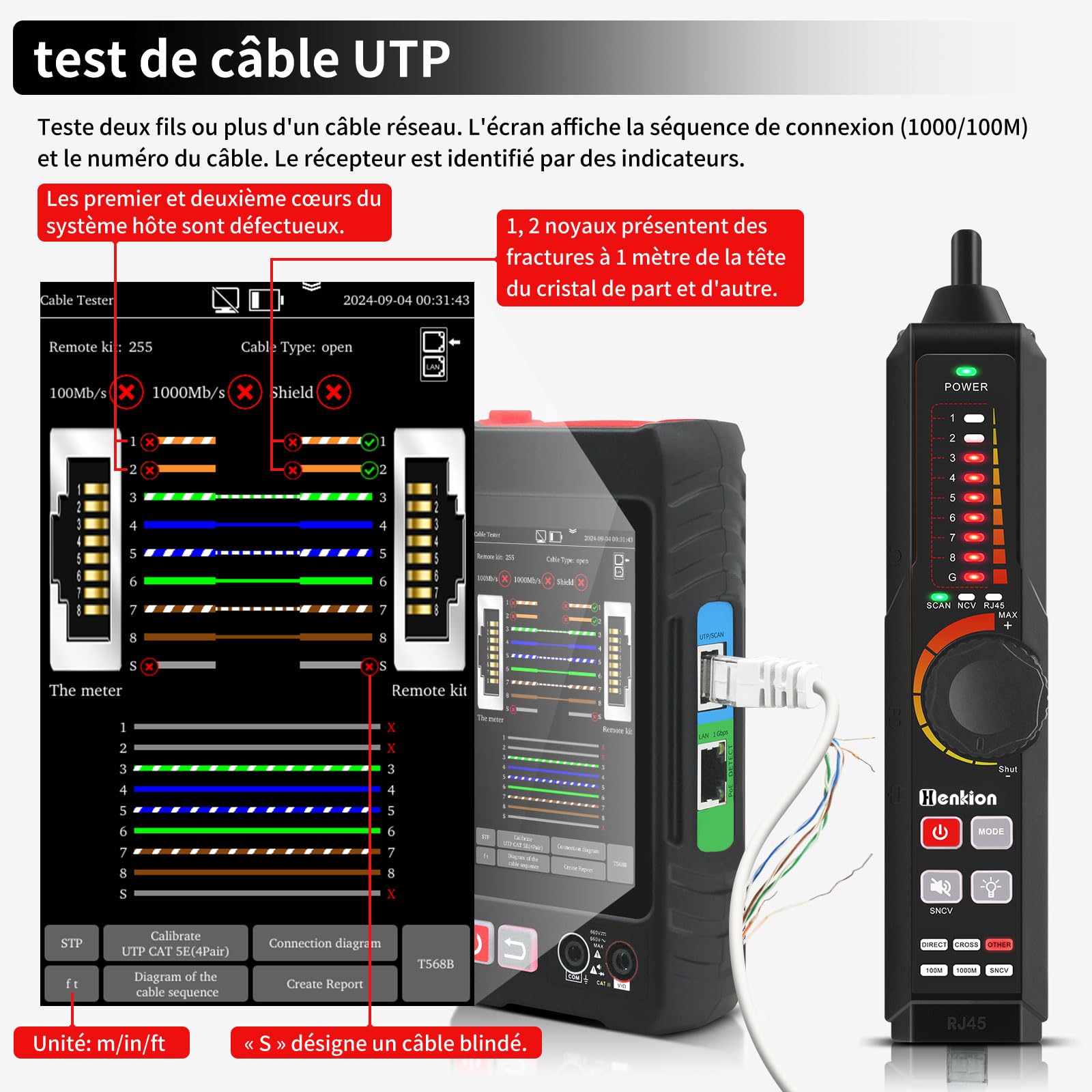 Henkion Testeur Câble Réseau RJ45 Professionnel Écran IPS 4", Ethernet Tester Rechargeable, Outils Réseau, Détection POE++, Digital Multi-Meter, OPM, Mesureur de Longueur Câble, TDR, NCV, LEVEL METER