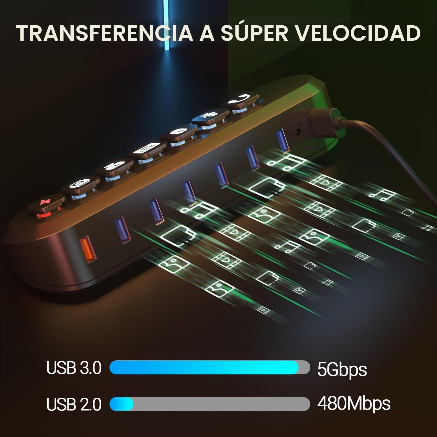 atolla - Hub USB activo 3.0 con fuente de alimentación de 36 W, concentrador USB 3.0 activo de 5 Gbps y 1 puerto de carga rápida, USB Hub con adaptador de fuente de alimentación de 12 V/3 A (cable de