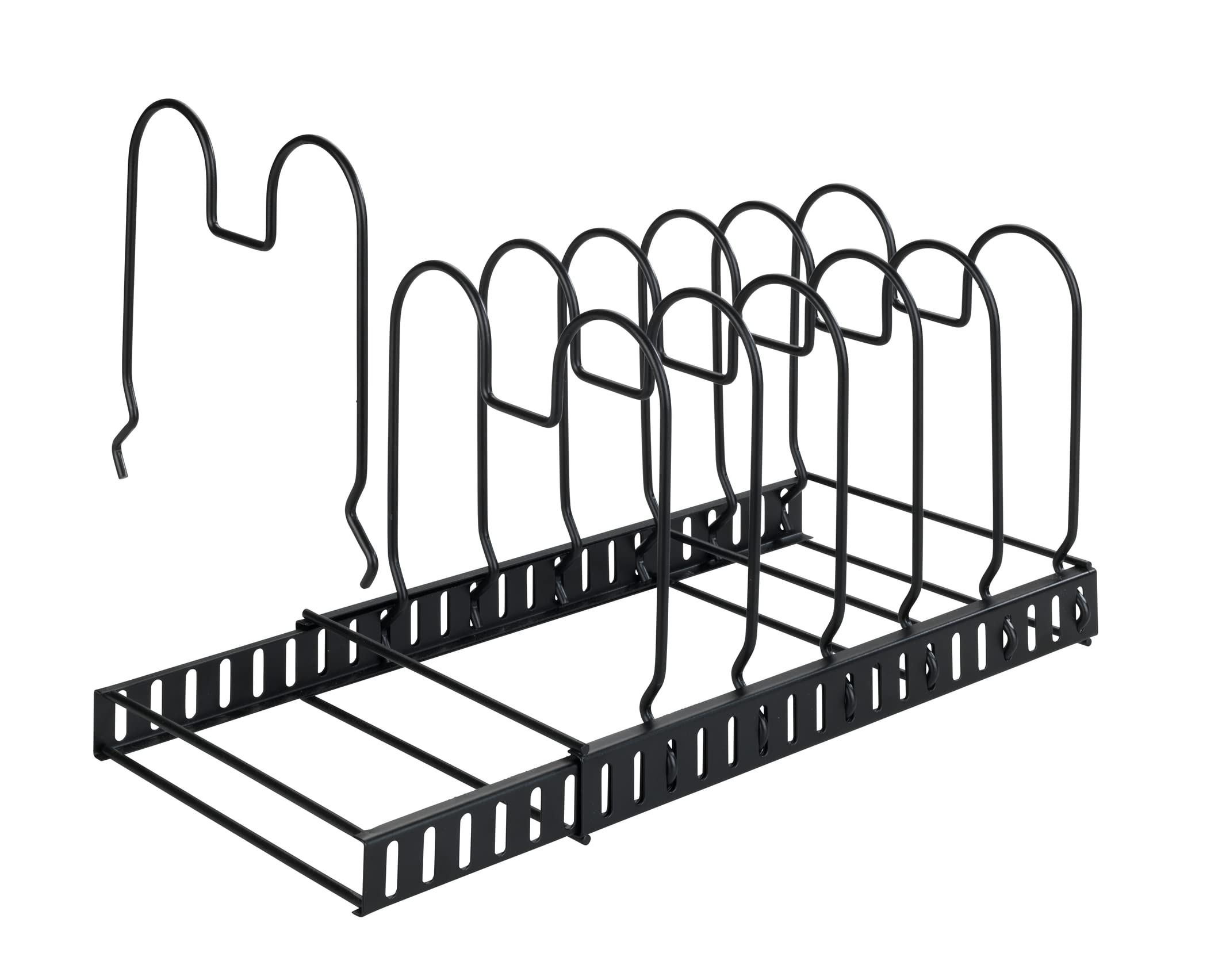 WENKO Pan Storage and Lid Holder, Telescopic Storage for Cupboards with 6 Compartments for Frying Pans and Lids, Cutting Board, Metal, 30-57 x 18 x 18 cm, Black