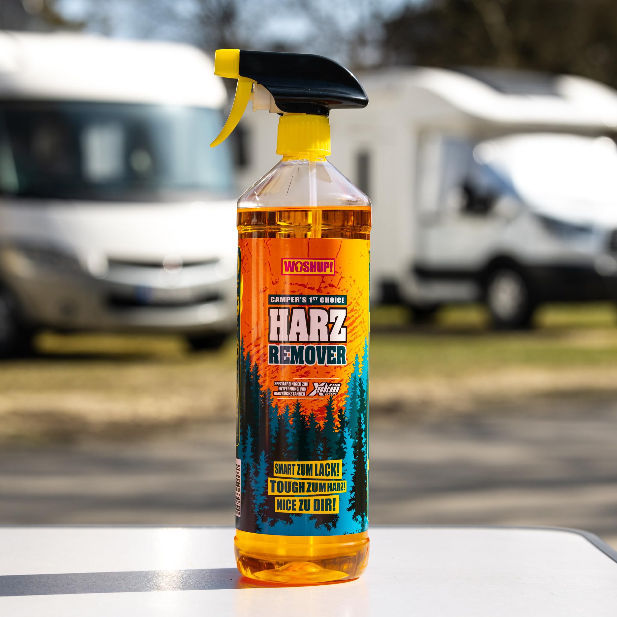 WOSHUP! Harzentferner 1000 ml mit Xtra Skin Schutzfilm Harzentferner, Harzlöser für Wohnwagen, Wohnmobil, Camping, Caravan, Vorzelt, Markise, Boot und 