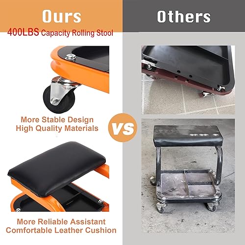 Miniatura 4 de Taburete de taller rodante resistente, silla mecánica con ruedas, taburete rodante de capacidad de 400 libras para garaje con ruedas, asiento de