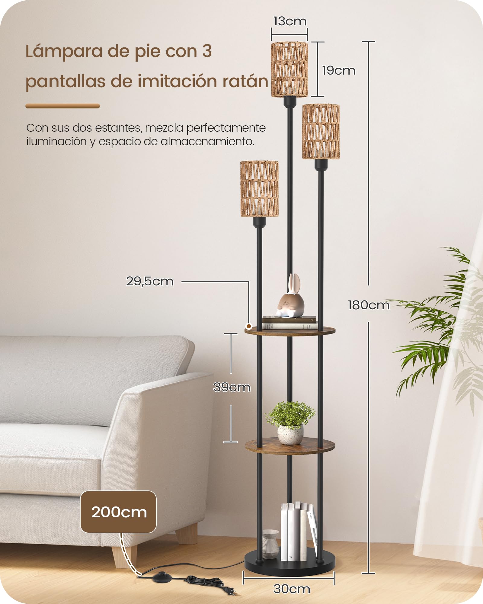Lámpara de Pie con Estante, Estilo Bohemio, con 3 Pantallas de Imitación Ratán y 1 Interruptor de Pie, para Sala de Estar, Dormitorio, Oficina, Marrón Rústico y Amarillo