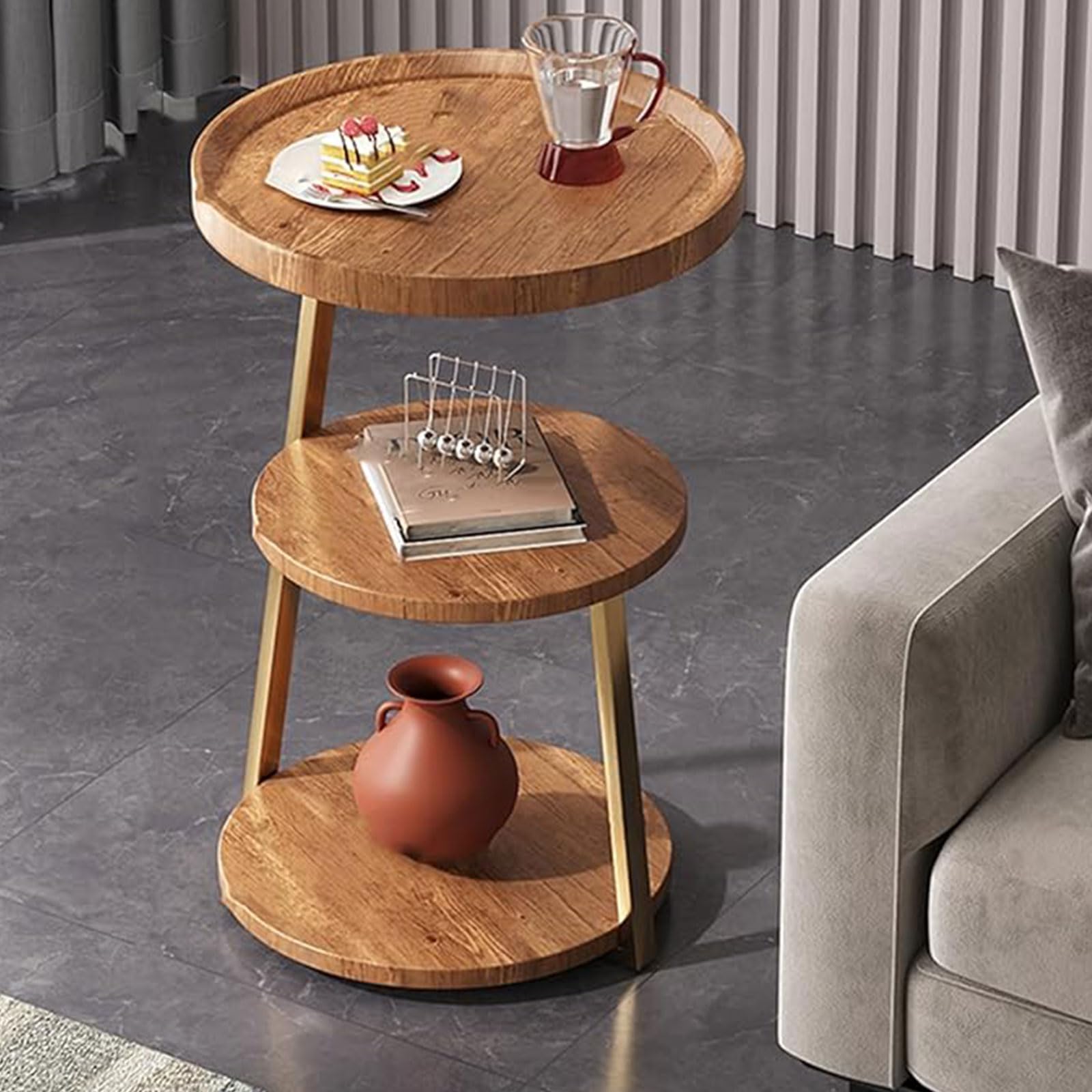Table d'appoint ronde en bois et métal au design moderne minimaliste