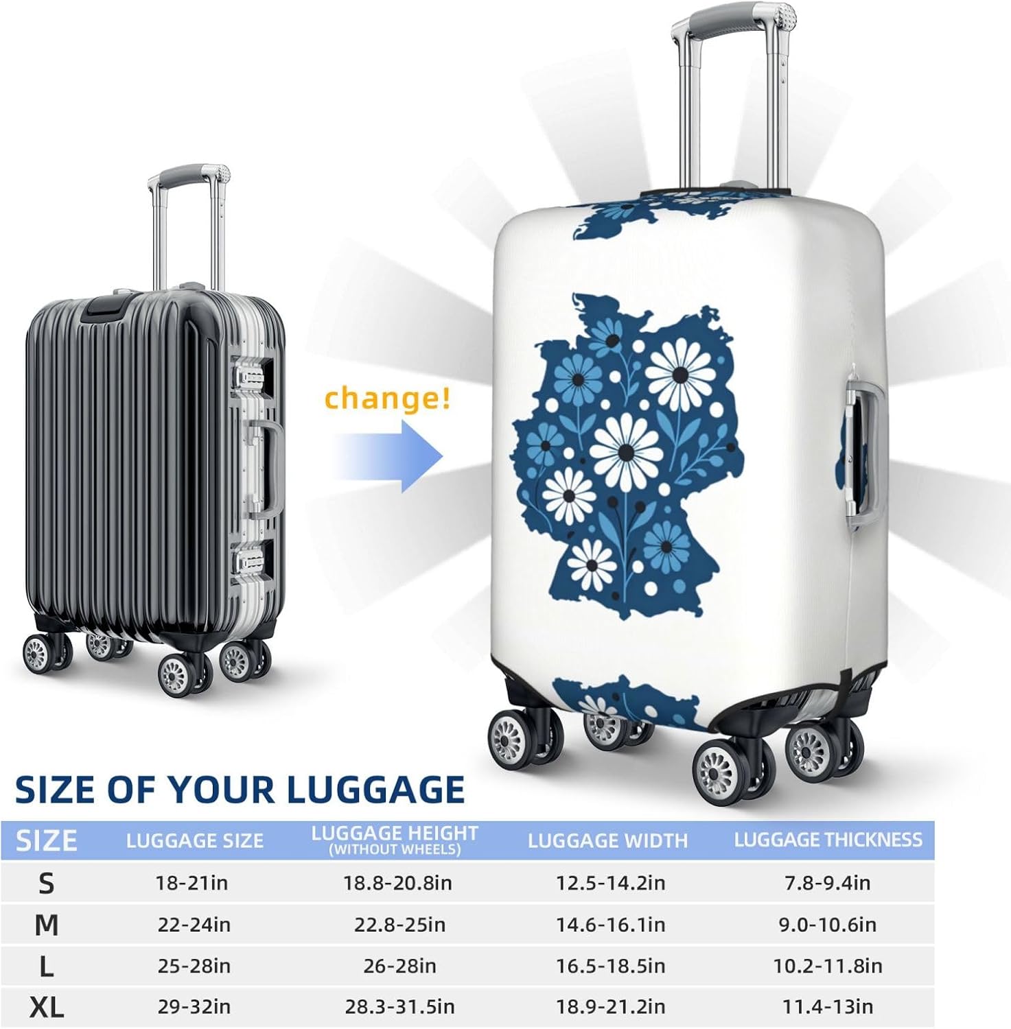 Ger Daisy Map Flagprint Premium Suitcase Cover | Durable Polyester Elastic Luggage Cover With Zipper & Buckle, Travel Suitcase Protector For Medium Large Bags