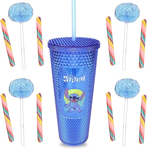 Lilo and Stitch Candy Tumbler 24 Ounce Reusable Cup with Lid and Straw, 5 Lollip