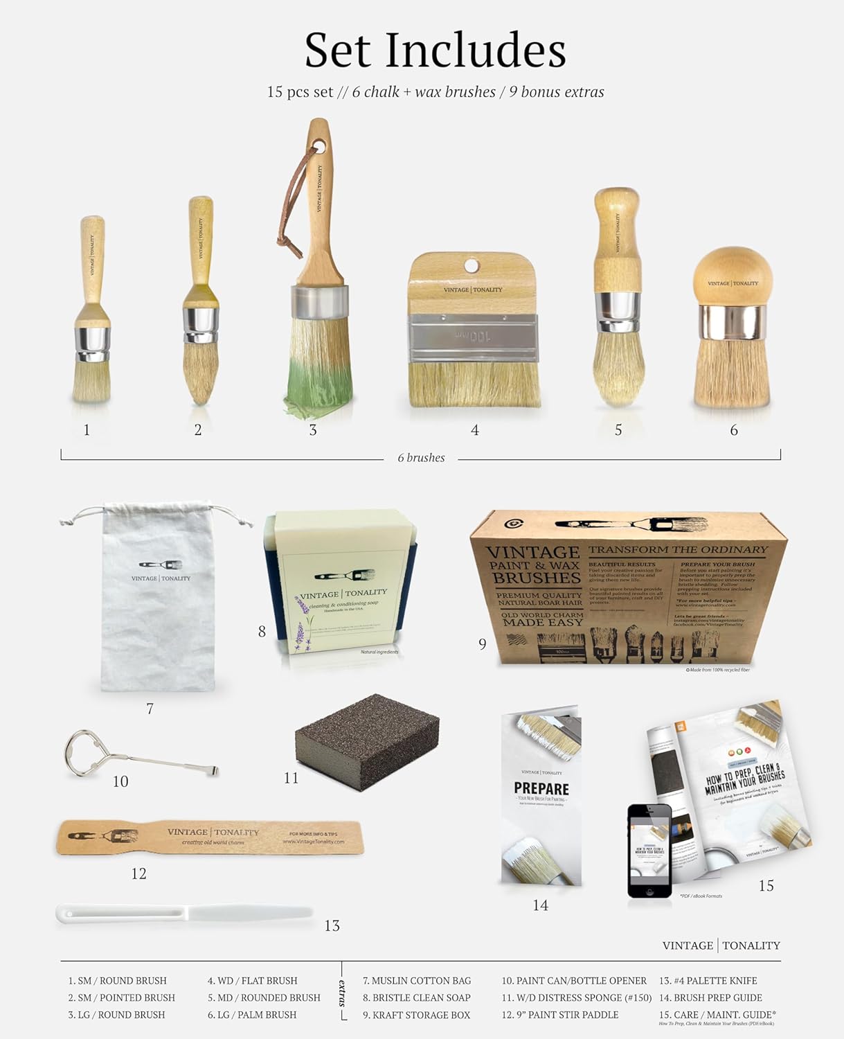Vintage Tonality Specialty Chalk Wax Paint Brush Set Bundle Kit | Furniture Painting or Waxing | 3 Brushes + Tools & Extras | Large or Small DIY Home Decor Repurposing Projects | Natural Bristle Hairs