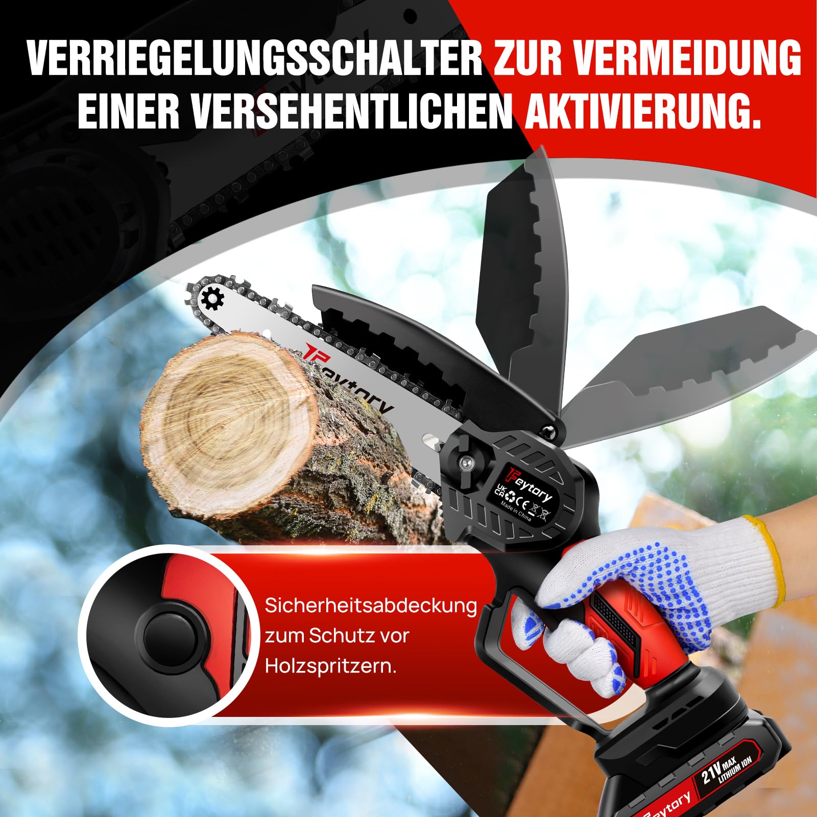 Mini motosierra, 21 V, batería de 6 pulgadas, con batería de 1500 mAh y 2 cadenas de eslabones, motosierra con batería de bloqueo de seguridad y potente motor, batería para árbol, patio y jardín.