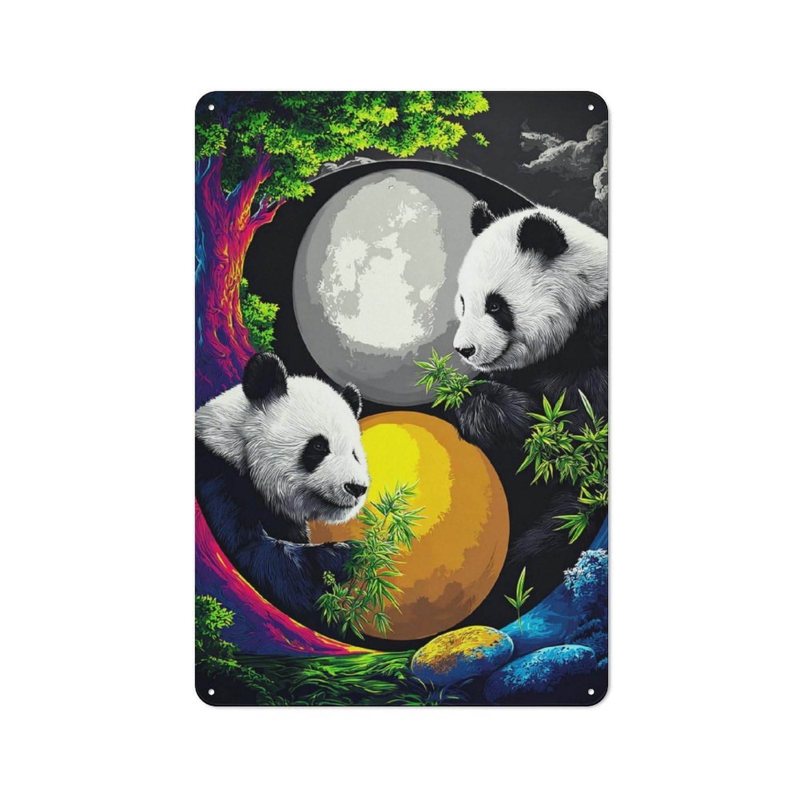 Junmoney Pandas Under The Yin-Yang Moon For Garden Room Or Summerhouse, Rustic Tin Sign 30X20cm, Wall Decor For Garden Rooms And Summerhouses