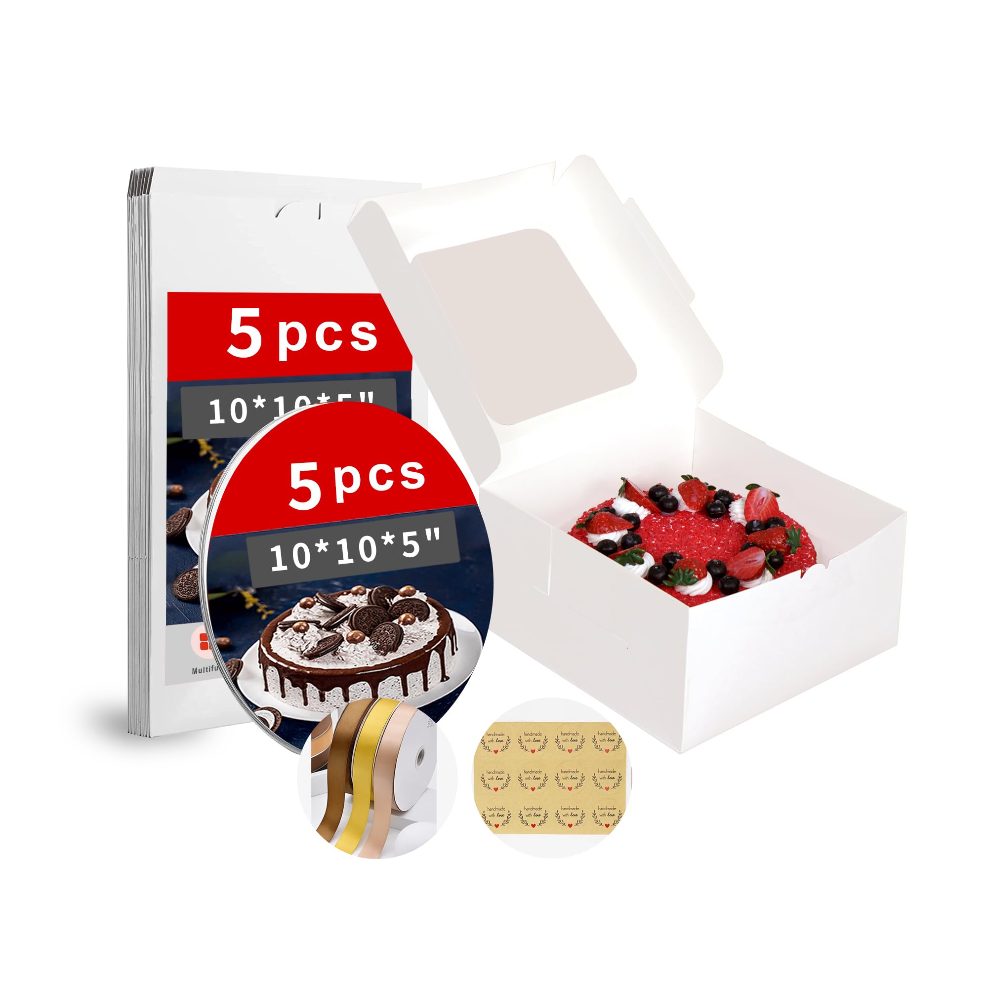 Zzrywuty 10x10x5 Inches Cake Box with Cake Board Set (10Pcs,5Pcs Boxes& 5Pcs Boards) Bakery Boxes Cajas Pasteles for Cake,Pastries,Chocolates,Cookies,Pie