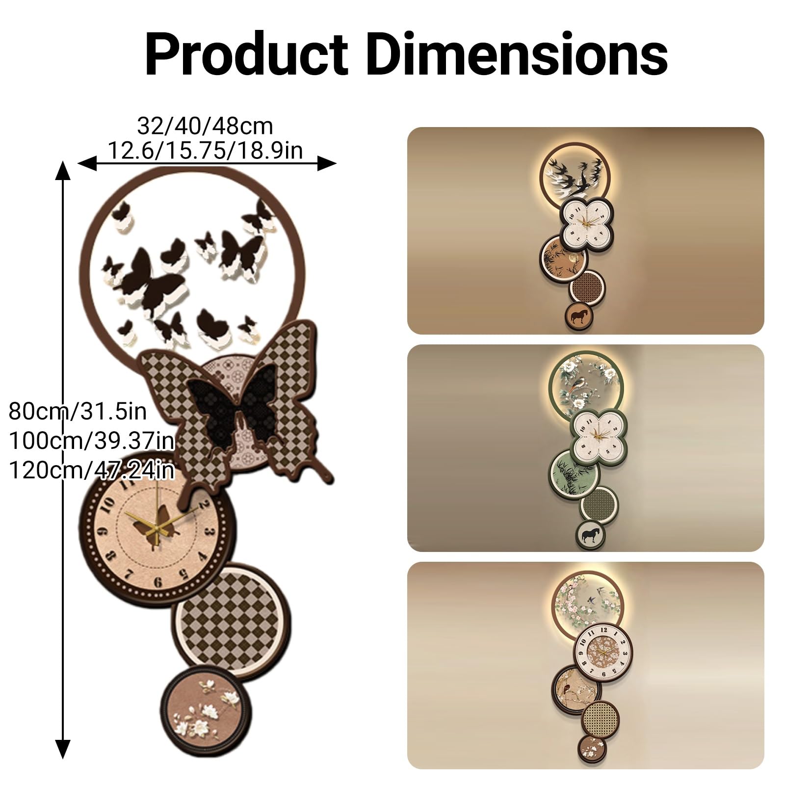 Grande orologio da parete silenzioso con pendolo, orologio decorativo 3D con luci a LED, decorazione artistica da parete in porcellana di cristallo per soggiorno e ingresso, 32 x 80 cm