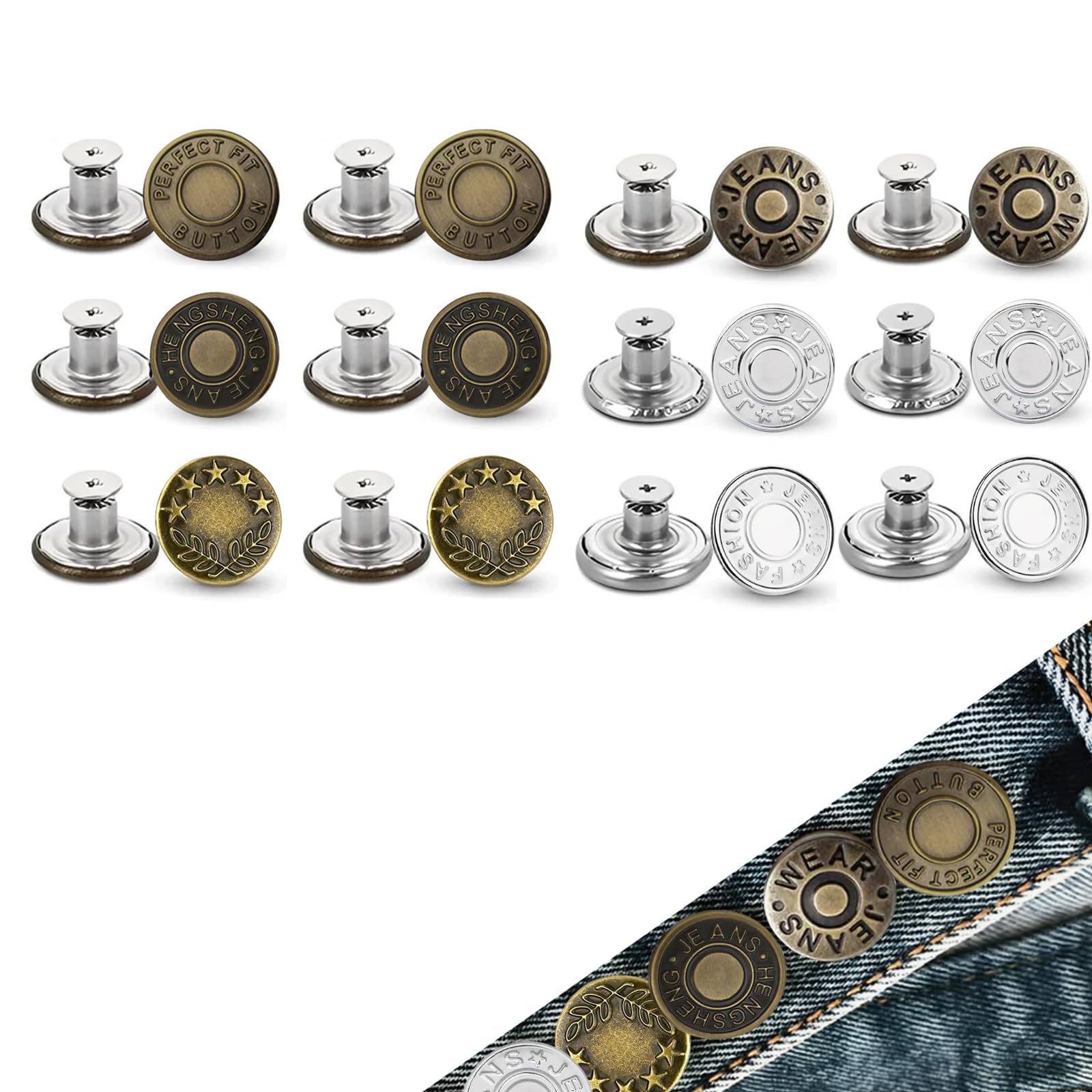 Obsolldd Bronze And Silver 12 Pcs Button Pins For Jeans,Jean Buttons,No Sew And No Tools Instant Jean Button Pins For Pants,Reusable And Adjustable（Six Styles）