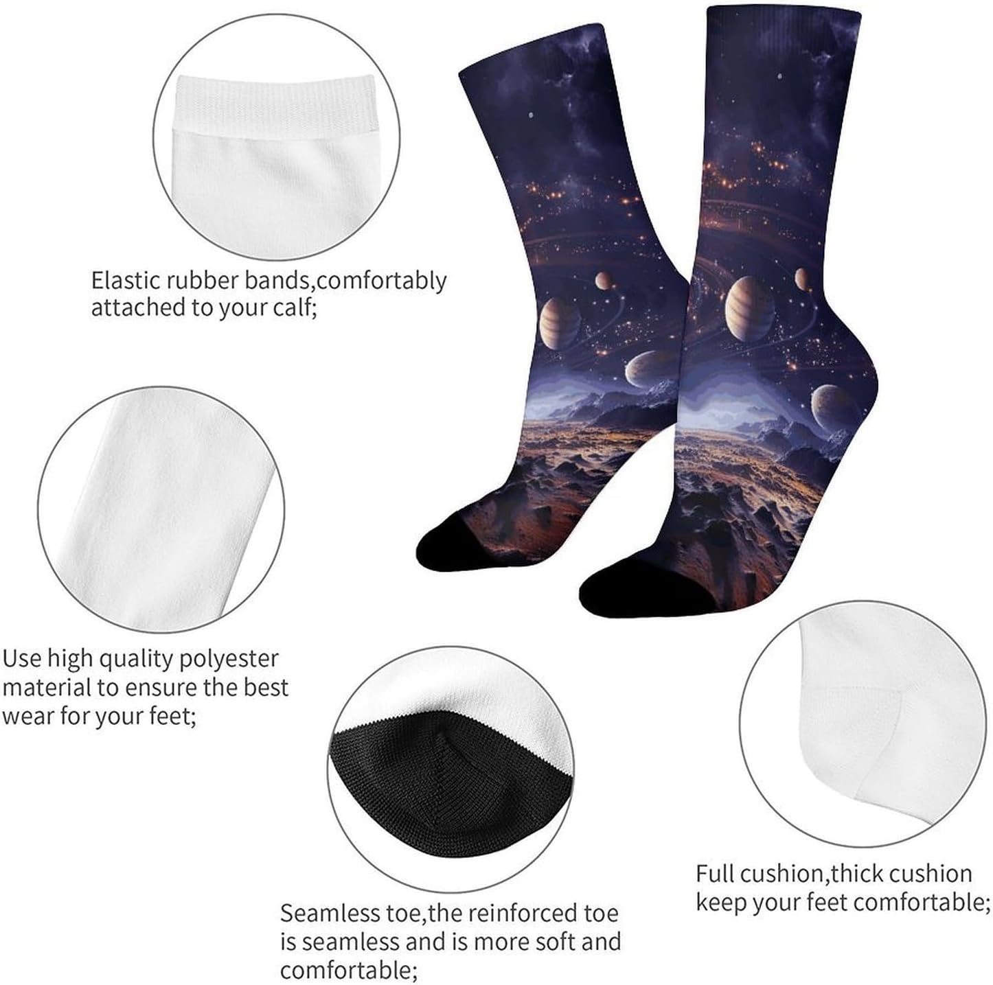 Moisture Wicking Socks, Breathable, Lightweight Crew Sock, Casual | Outer Space Galaxy Universe Work Socks for Women Men, Elastic Soft Boot Socks for Travel, Seamless