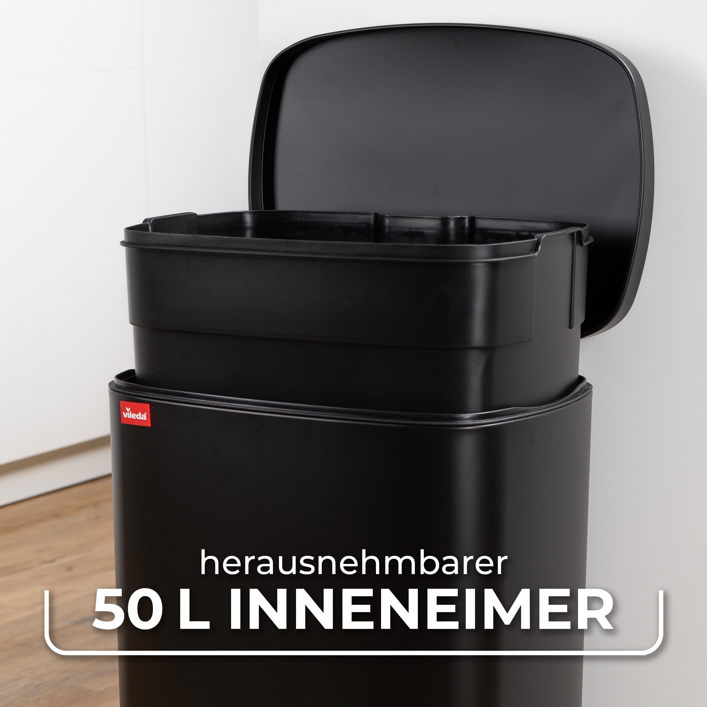 Vileda Mülleimer 50L Edelstahl Schwarz - Treteimer mit Deckel - Abfalleimer 50L mit Soft-Close und 90 Grad Öffnung - Mülleimer Küche 50L