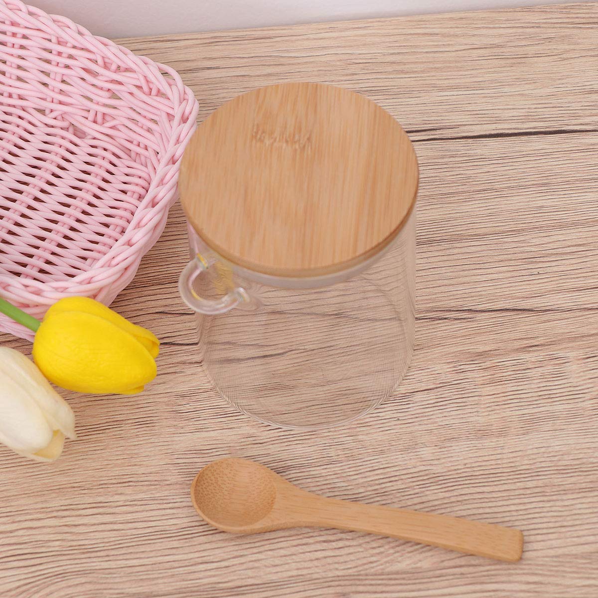 BESTONZON 420ml Condiment Spice Jars Glass Seasoning Container with Spoon Wood Lids Food Storage Canister for Kitchen Tea Coffee Sugar Salt