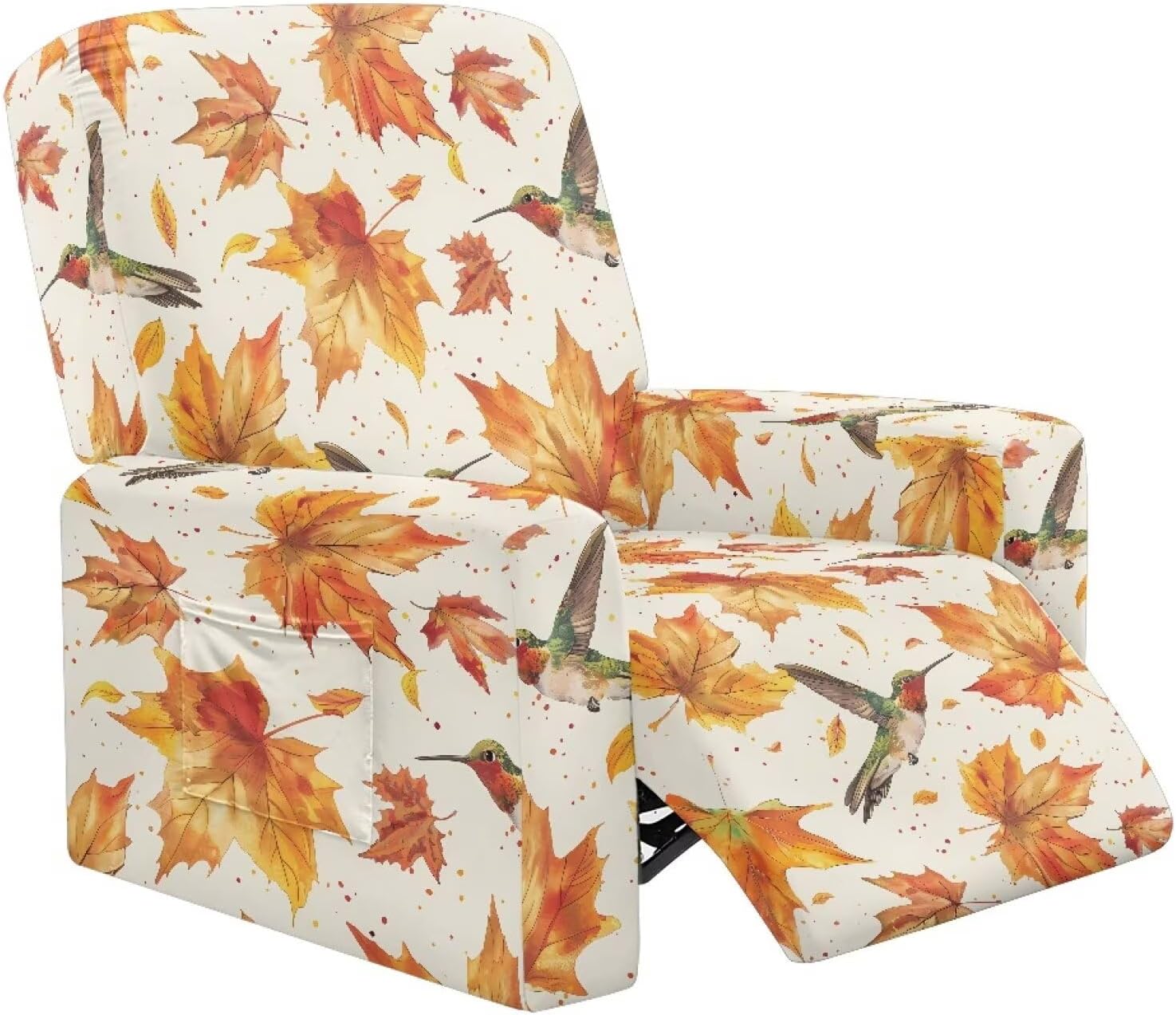 FOR U DESIGNS Hummingbird Maple Leaves Stretch Recliner Covers Set of 4 Including Cushion Protector Elastic Edges Storage Pockets for Reclining Chairs Non Slip Washable Furniture Cover