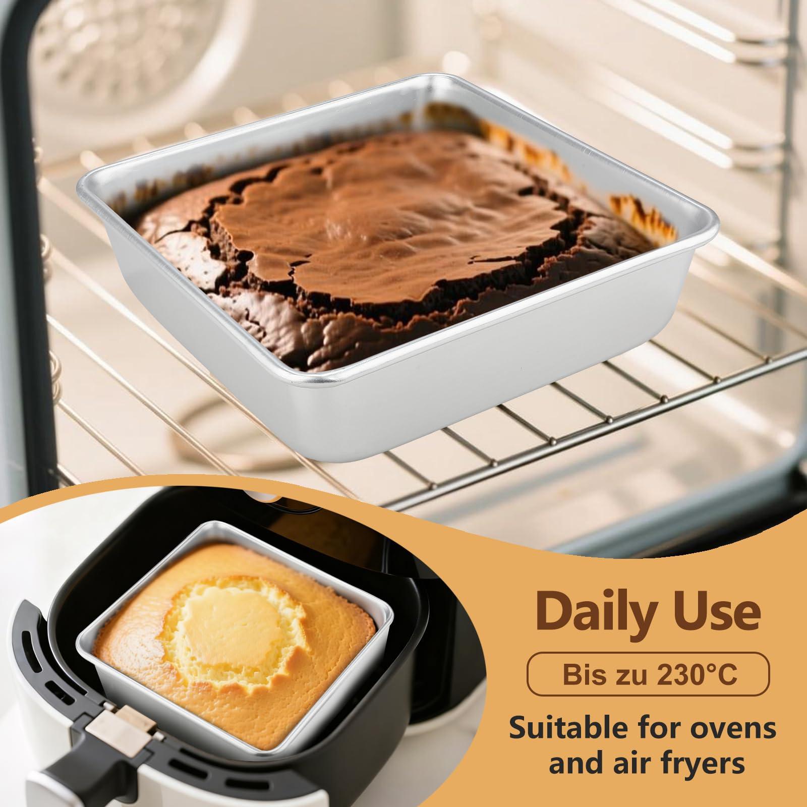 Lot de 2 Moule à Gâteau Carré (21,5 x 21,5 x 6 cm), Moule à brownie en Aluminium Anodisé, pour la Cuisson de Gâteaux et Tartes, Argent