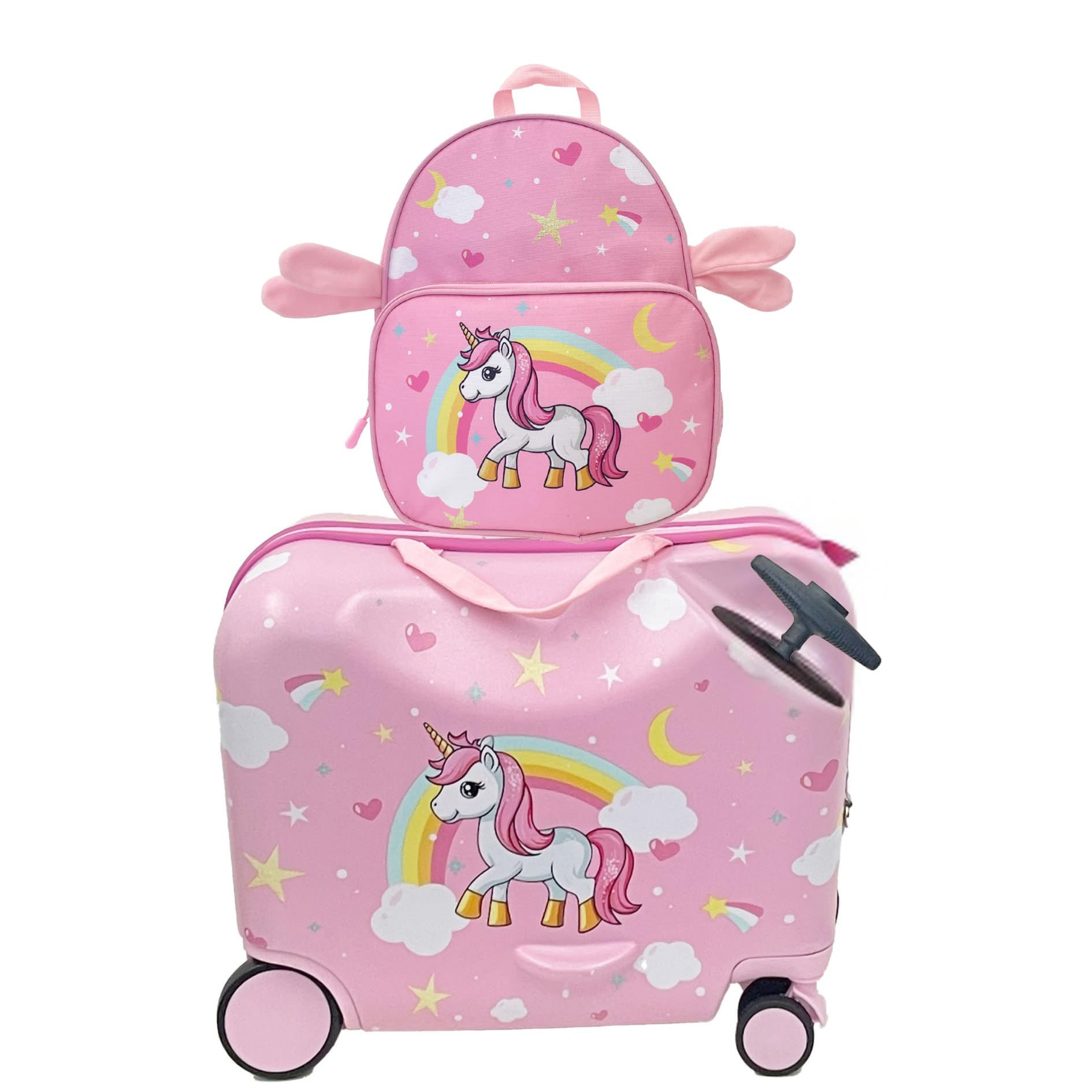 Valigia Cavalcabile per Bambini 2 in 1 con Zainetto Bagaglio a Mano Rigido 47x26x36 cm Trolley Ruote Spinner 360 Asta Telescopica Cinghia Traino Fantasia Unicorno