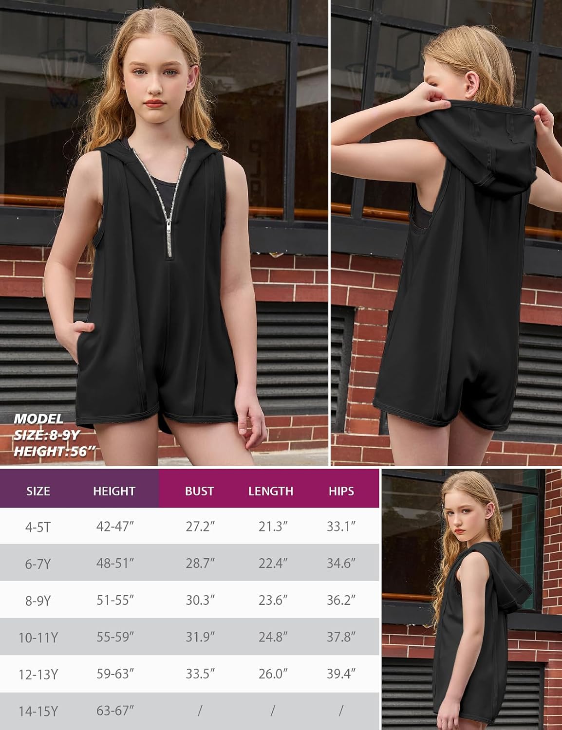 Perfashion Girls Summer Athletic Romper Shorts Hooded Jumpsuits Soft Sleeveless Overall With Pockets 4-13Y