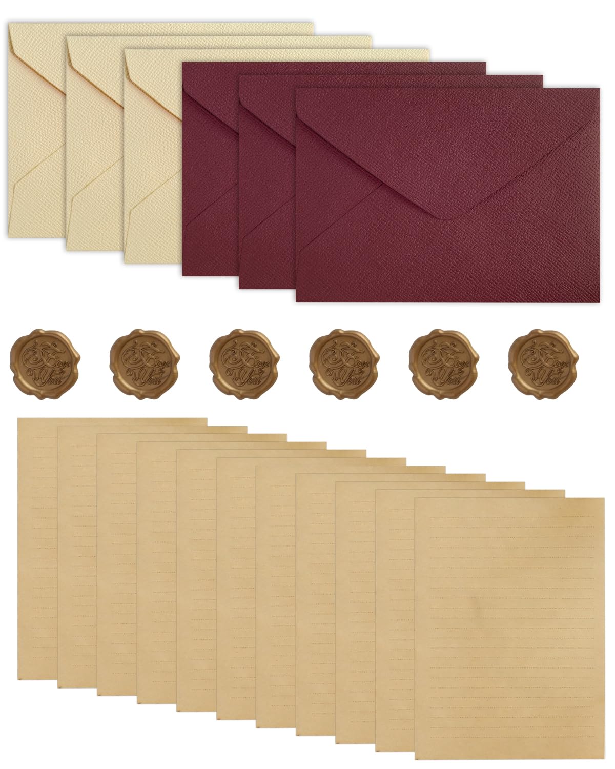 Set Carta da Lettere Vintage 32 Pezzi: 6 Buste & 20 Fogli A5 Kraft Rigati, 6 Sigilli Ceralacca per Inviti Matrimonio