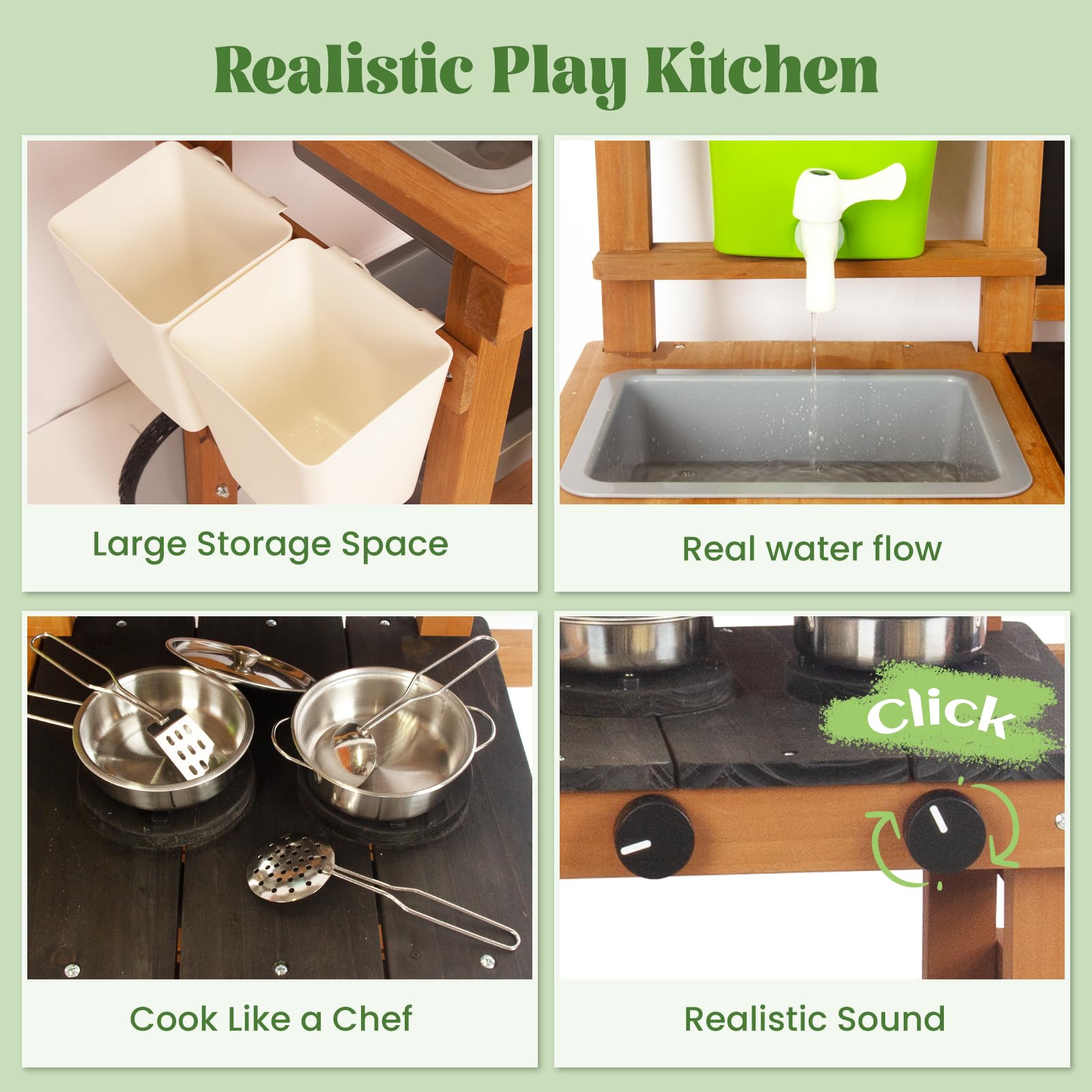 Cucina per bambini per attività all'aperto, giochi da giardino, cucina per bambini, per esterni, con ruote, bollitore, lavello, contenitore per piante in legno (marrone)