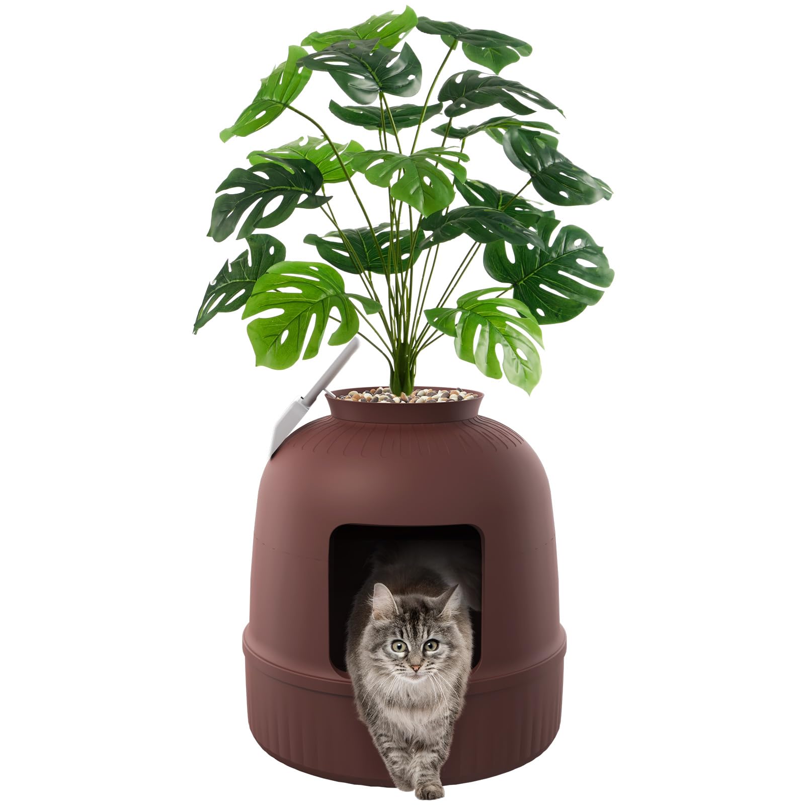 Lifewit Litter Box with Faux Plant & Scoop for Large Cat, Hidden Corner Enclosure Litter Tray with Odor Control & Carbon Filter in Living Room/Bedroom/Bathroom, Brown