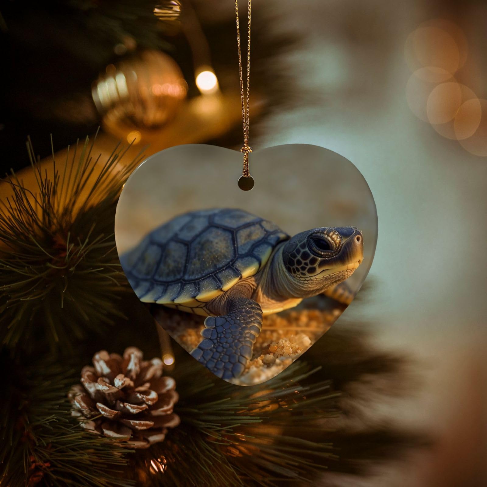 Christmas Ornaments for Christmas Tree Decoration Hanging Baby Turtle Ornament with Gold Ribbon Crafts Heart Shape Ceramic Pendant for Keepsake Gifts Xmas Decor Party Supplies