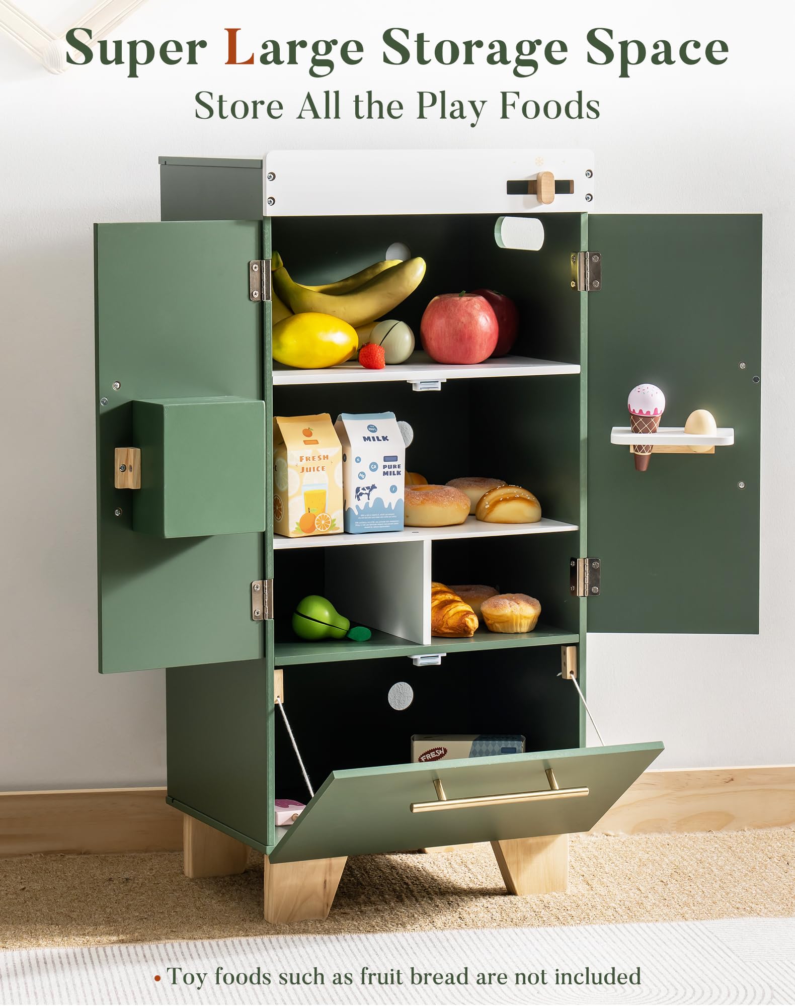 ROBOTIME Holzspielzeug Kühlschrank - Kinder Küchenspielset mit Eiswürfelausgabe & Zubehör, Spiel Kühlschrank für Jungen & Mädchen ab 3 Jahren, Spielküchen Geschenkset (Vintage Grün) | Kinderküche Zubehör mit Doppeltüren, Fächern und Spiellebensmitteln, Ge
