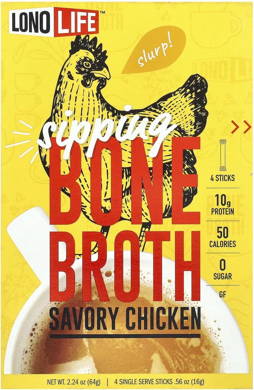 LonoLife Chicken Bone Broth Powder with 10g Protein, Single Serve Cups, 4 Count