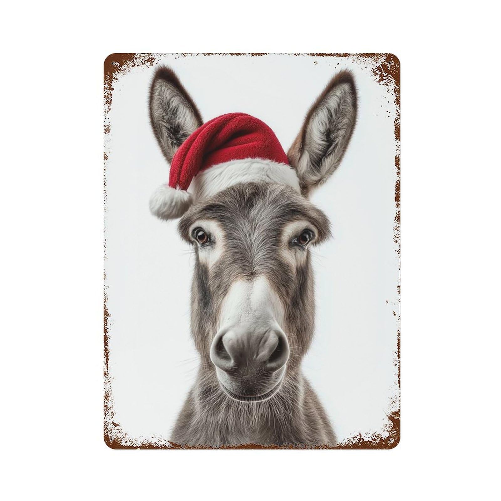 Christmas Donkey with Santa Hat Portrait 15.7"x11.8" Aged Metal Wall Plaque, Novelty Wall Decor for Shed, Workshop And Garage Wall Decor