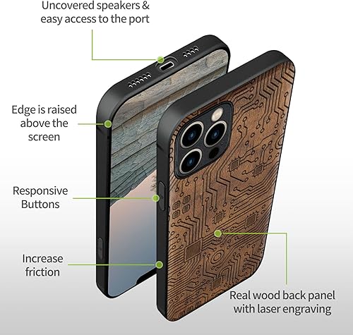 Miniatura 8 de Carveit Funda magnética de madera para iPhone 12 Pro madera natural y TPU suave negro a prueba de golpes, funda protectora única y elegante de