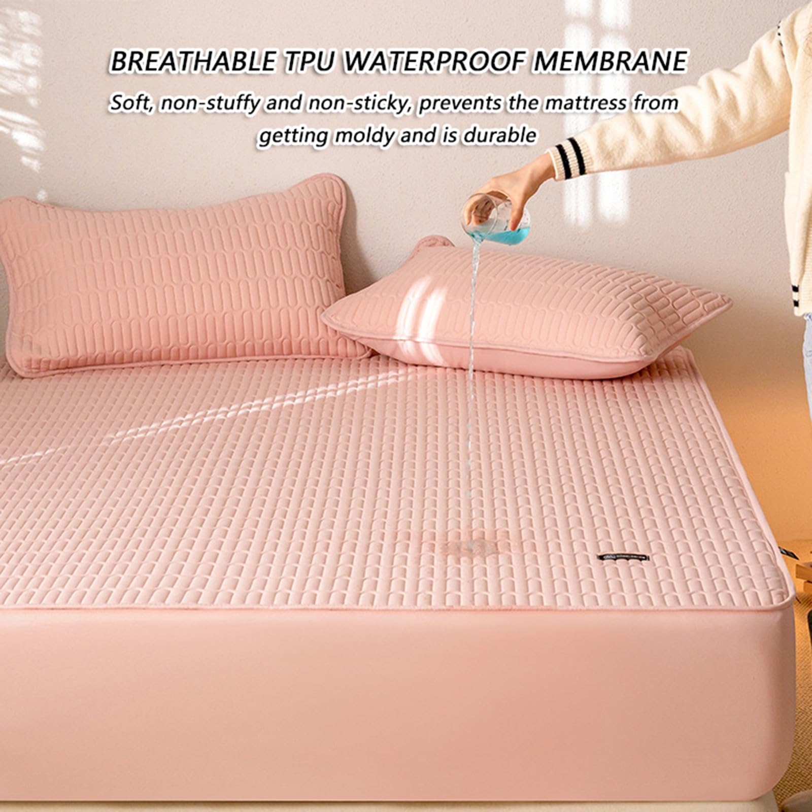 Matratzenschoner mit 2 Kissenbezügen,Gesteppter Wasserdichter Matratzenschoner,Weicher Atmungsaktiver Geräuschloser Bettpolsteraufsatz,für das Schlafzimmer im Haus(Offwhite,180x220cm)