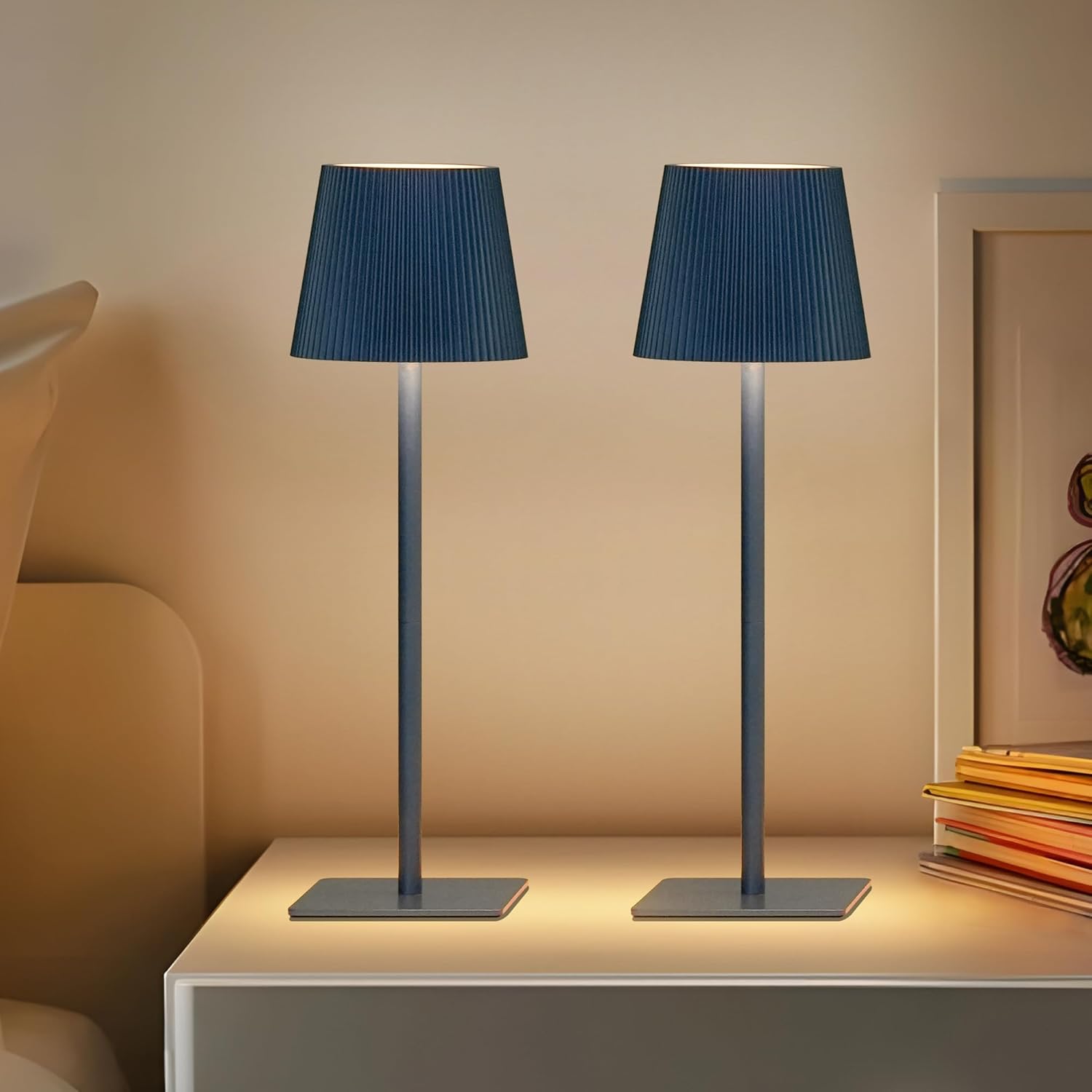LUTEC 2 Pack Cordless Table Lamp,6000mAh Rechargeable Battery Operated Desk Lamp,Two Adjustable Heights,Waterproof, Touch Control & 3 Color Stepless Dimming for Restaurant/Bedroom/Bars/Outdoor (Blue)