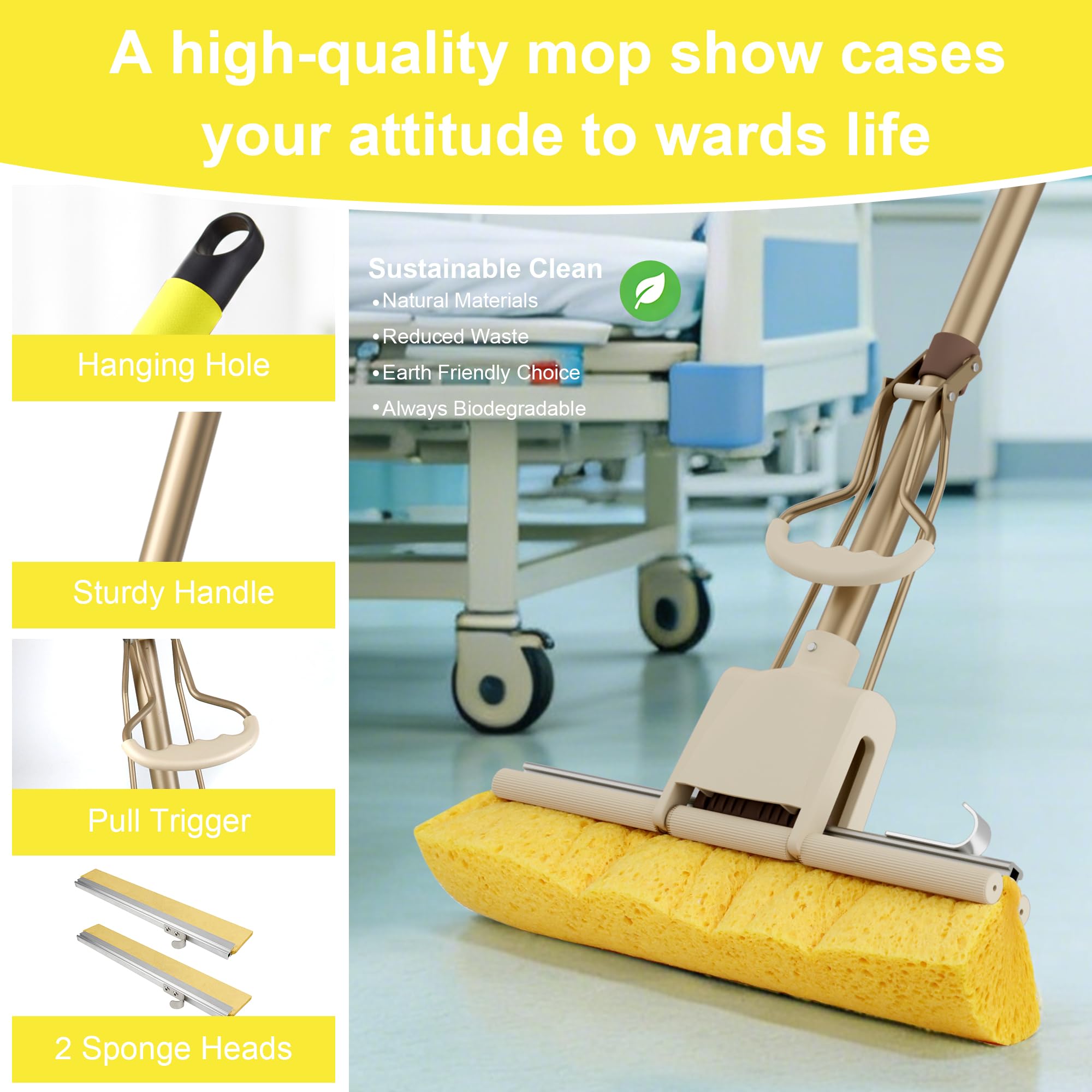 LILAC Mopa de esponja de celulosa con 2 cabezales de repuesto, mango codificado en 4 colores para limpieza zonal, mopa con rodillo desplegable súper absorbente para madera dura, suelos laminados